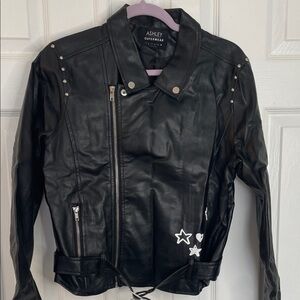 ASHLEY BY 26 INTERNATIONAL BLACK VEGAN LEATHER GRAFFITI BIKER CORE JACKET SZ L